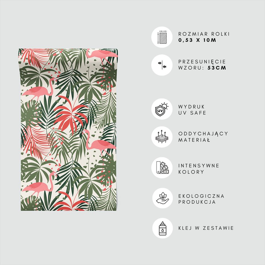 Tapeta - flamingo, liście, tropiki