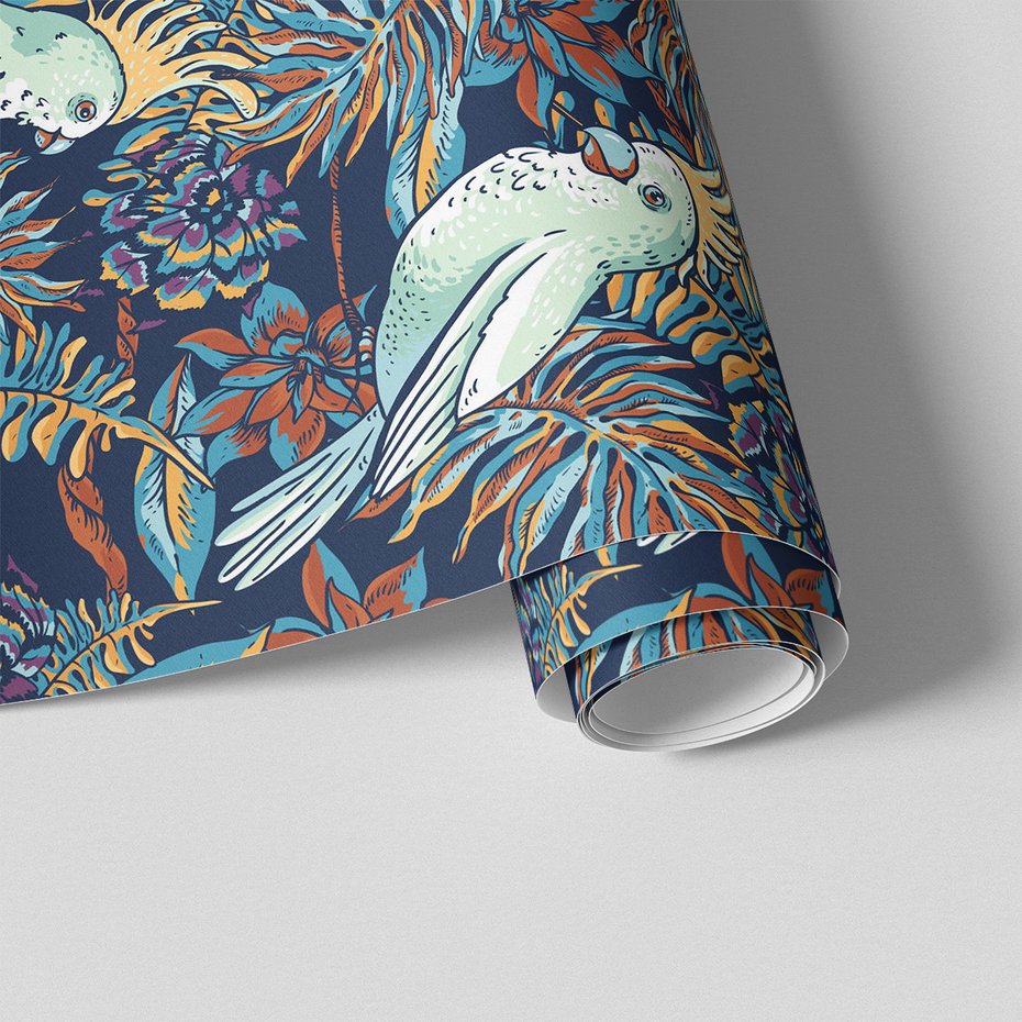 Tapeta - papuga, liście, kwiaty