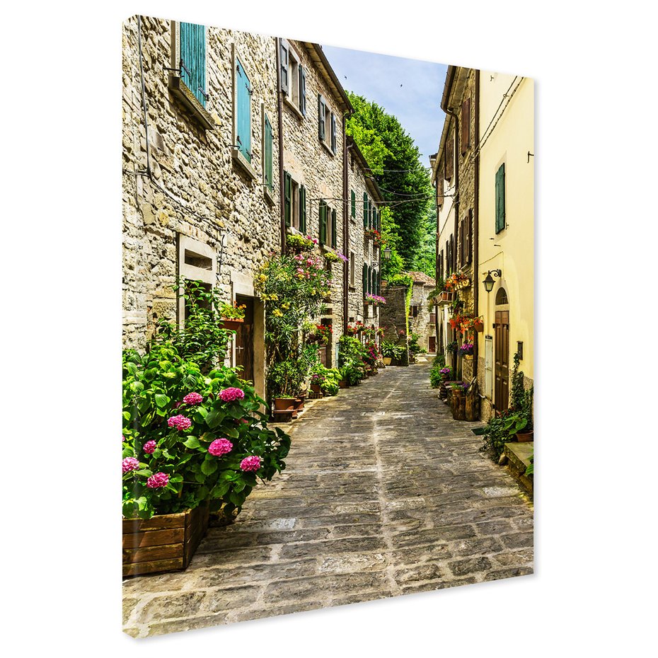 Obraz na płótnie - uliczka, kwiaty, budynki