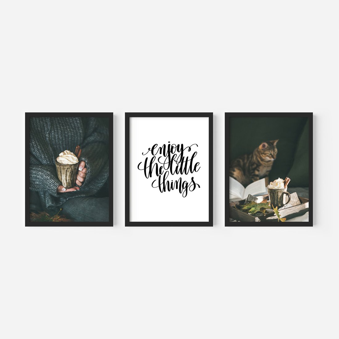 Zestaw obrazy w ramie, plakaty - jesień, napój, kot - rama czarna