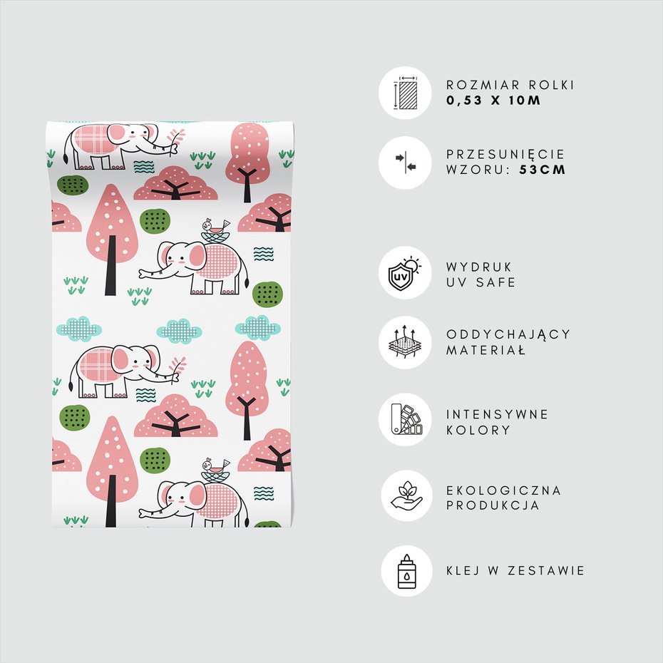 Tapeta - dziecięca, słoń, drzewa, ptak