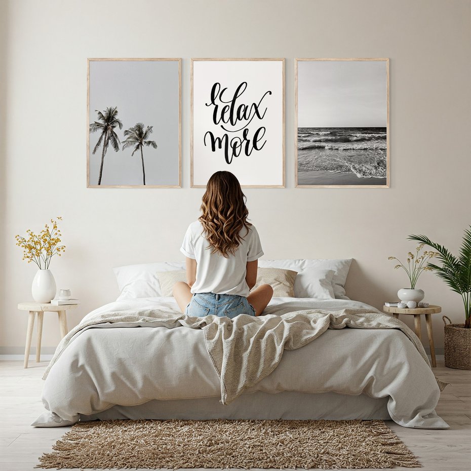 Zestaw obrazy w ramie, plakaty - palmy, morze, relax - rama drewno