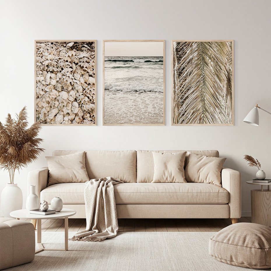 Zestaw obrazy w ramie, plakaty - muszle, morze, liście - rama drewno