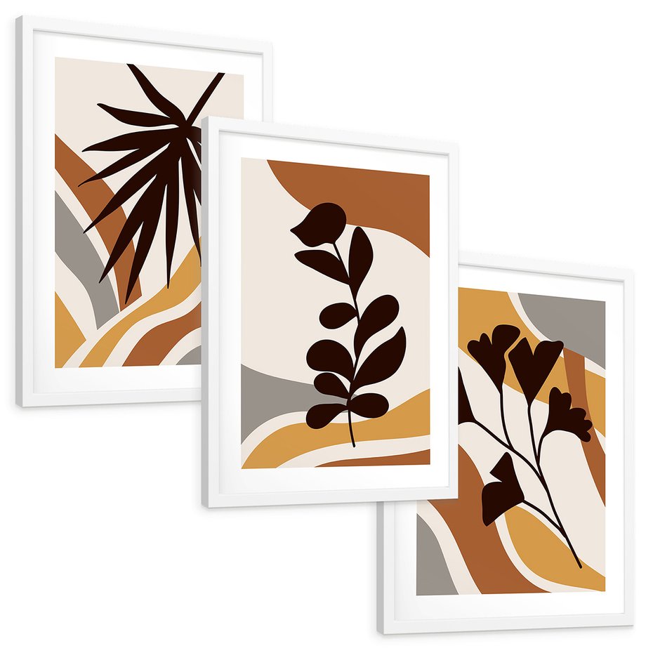 Zestaw obrazy w ramie, plakaty - liście, abstrakcja, rośliny - rama biała