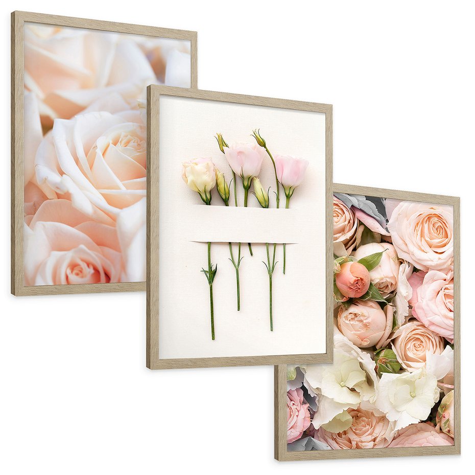 Zestaw obrazy w ramie, plakaty - kwiaty, róże, pastelowe - rama drewno