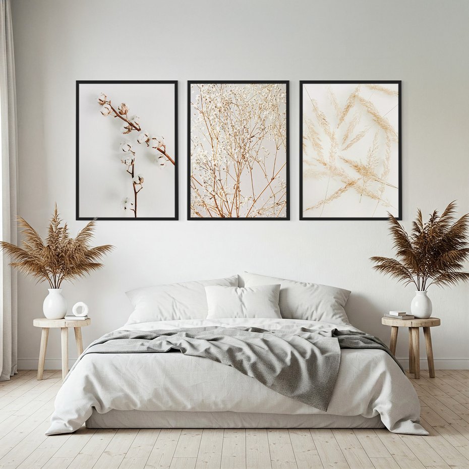 Zestaw obrazy w ramie, plakaty - kwiaty, gałązki, minimalizm - rama czarna