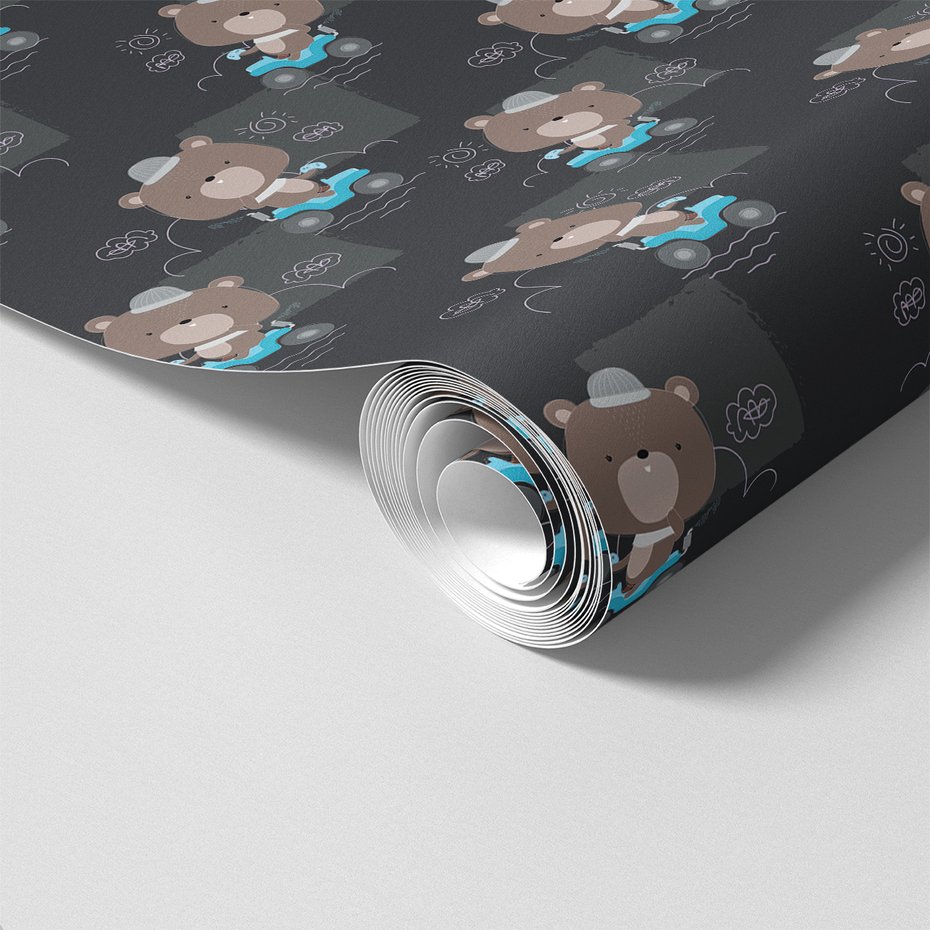 Tapeta - dziecięca, niedźwiedź, pojazd, chmury