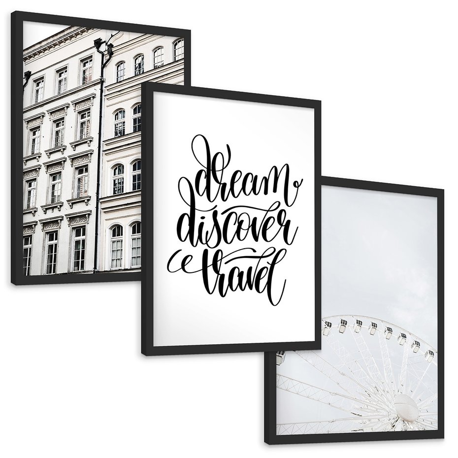 Zestaw obrazy w ramie, plakaty - budynek,typografia,koło - rama czarna