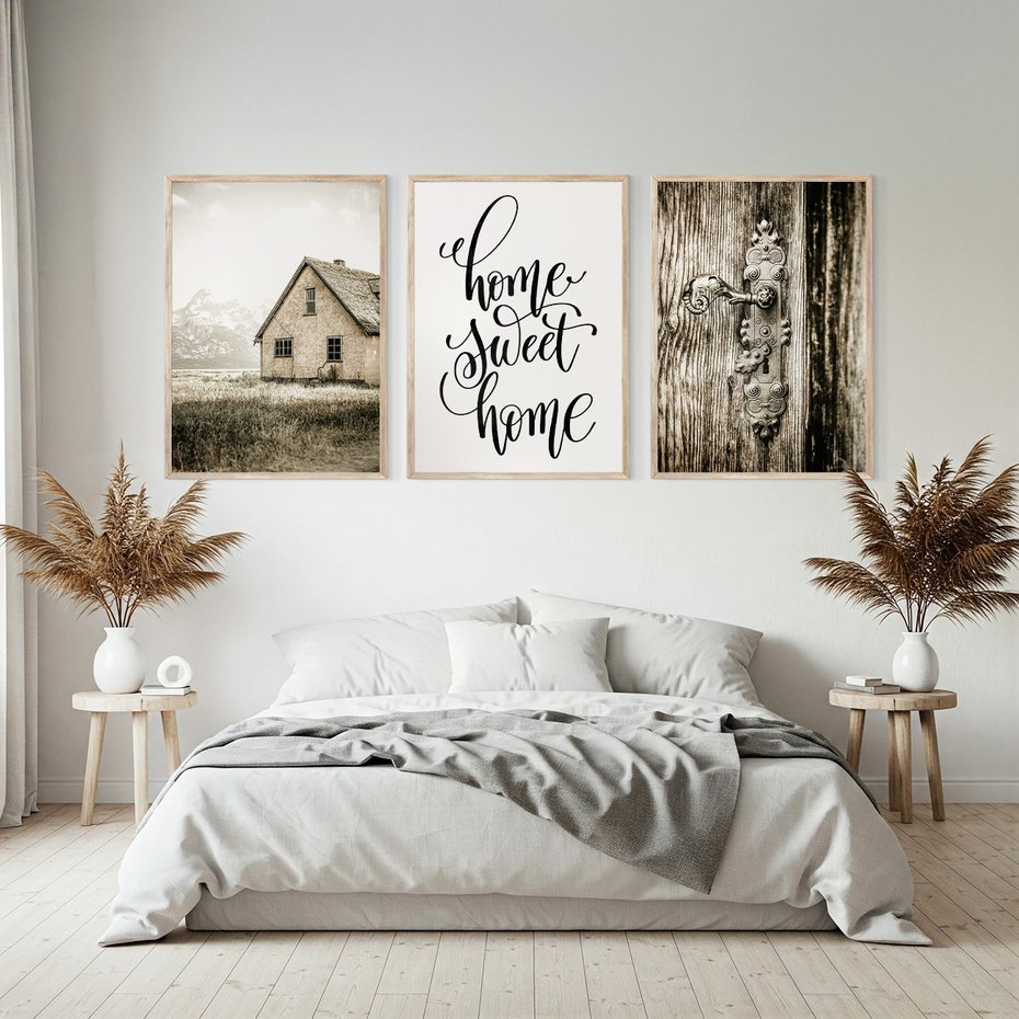 Zestaw obrazy w ramie, plakaty - dom, drzwi, rustykalny - rama drewno