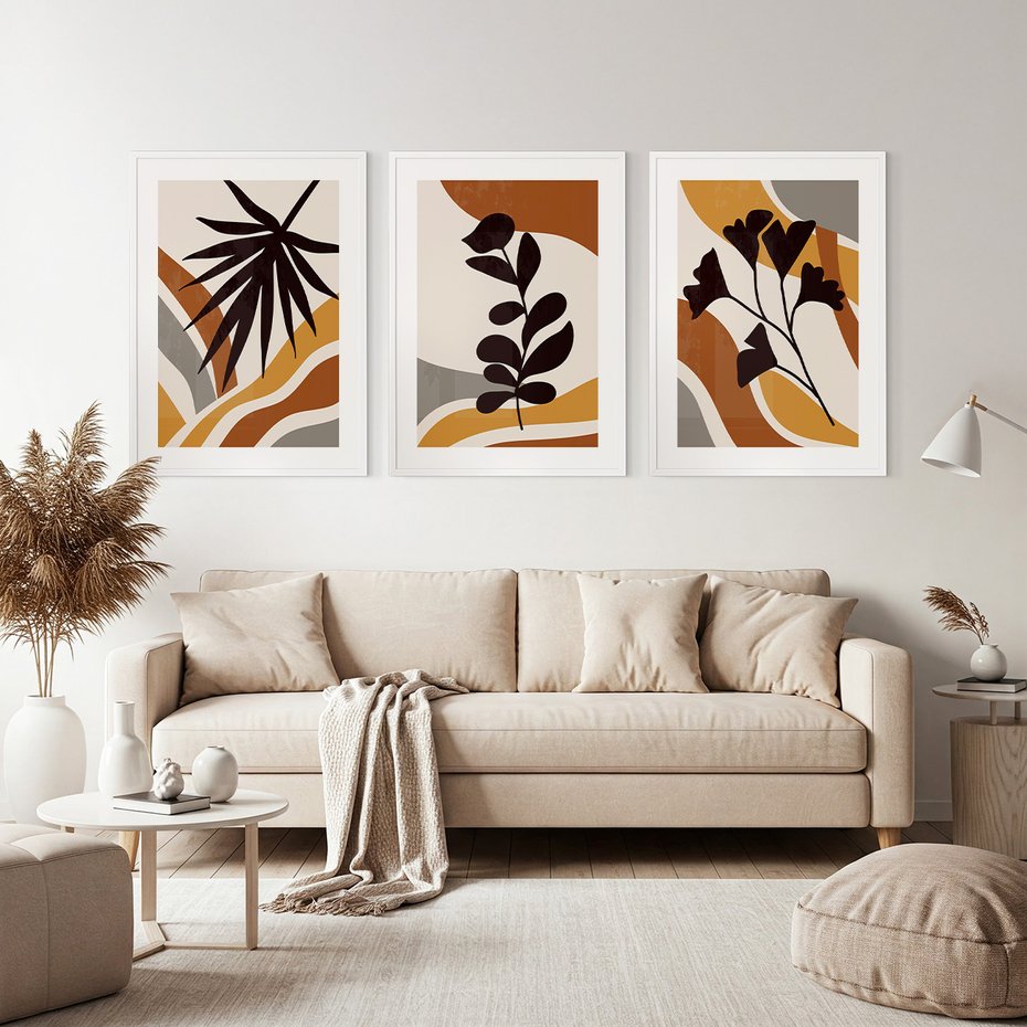Zestaw obrazy w ramie, plakaty - liście, abstrakcja, rośliny - rama biała