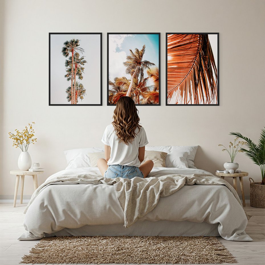 Zestaw obrazy w ramie, plakaty - palmy, tropikalny, lato - rama czarna