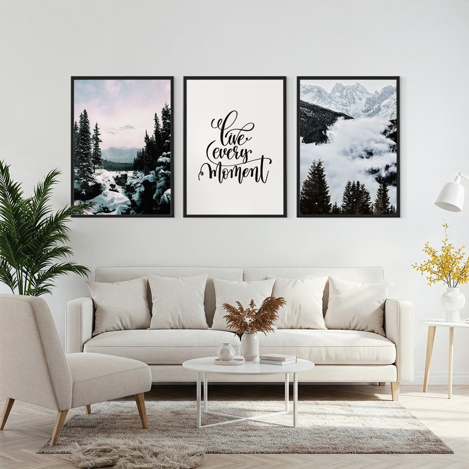 Zestaw obrazy w ramie, plakaty - góry, zima, lasy - rama czarna