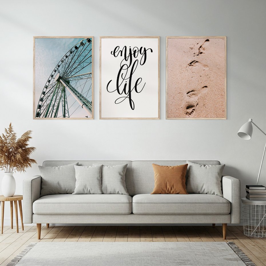 Zestaw obrazy w ramie, plakaty - wakacje, plaża, piasek - rama drewno