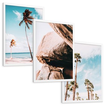 Zestaw obrazy w ramie, plakaty - palmy, skały, niebo - rama biała