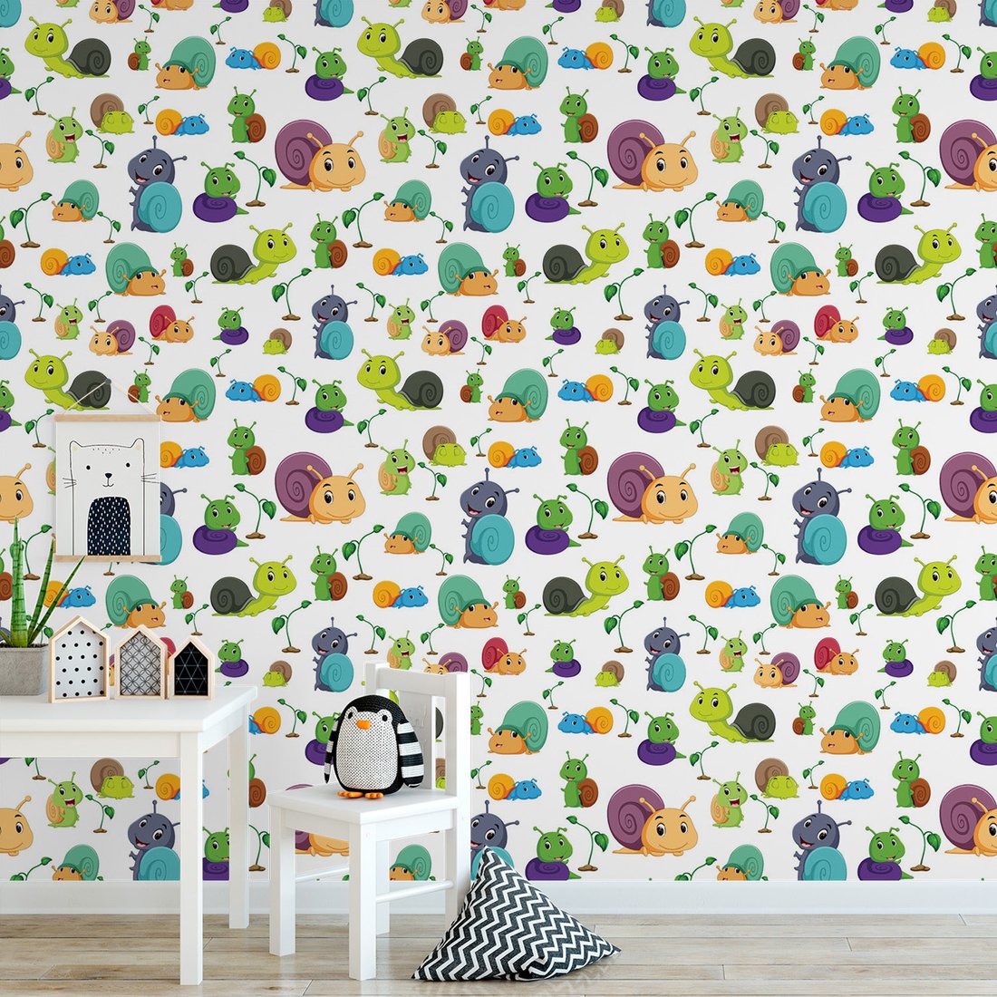 Tapeta - dziecięca, ślimaki, liście, wzór