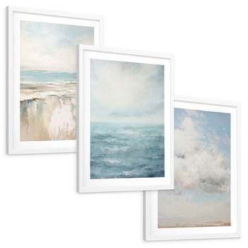 Zestaw obrazy w ramie, plakaty - morze, chmury, abstrakcja - rama biała