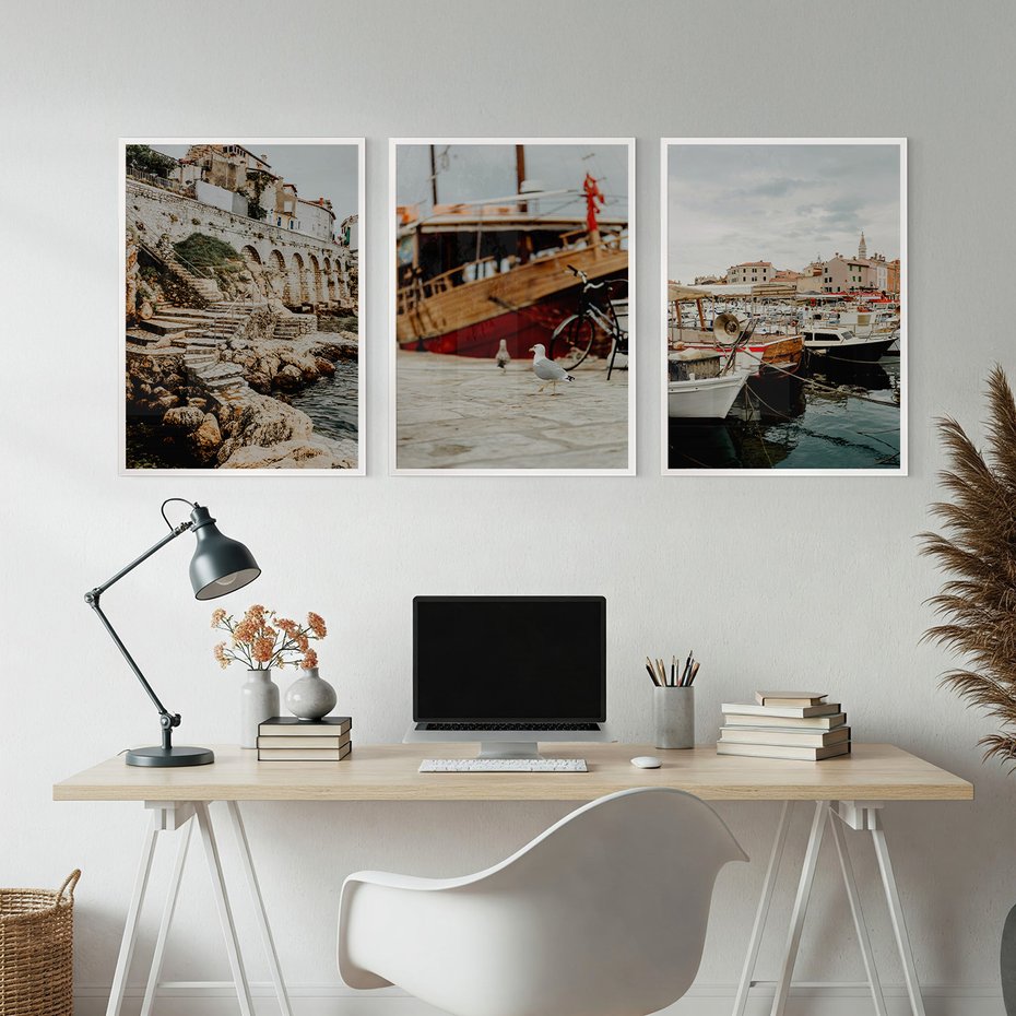 Zestaw obrazy w ramie, plakaty - miasto, port, morze - rama biała
