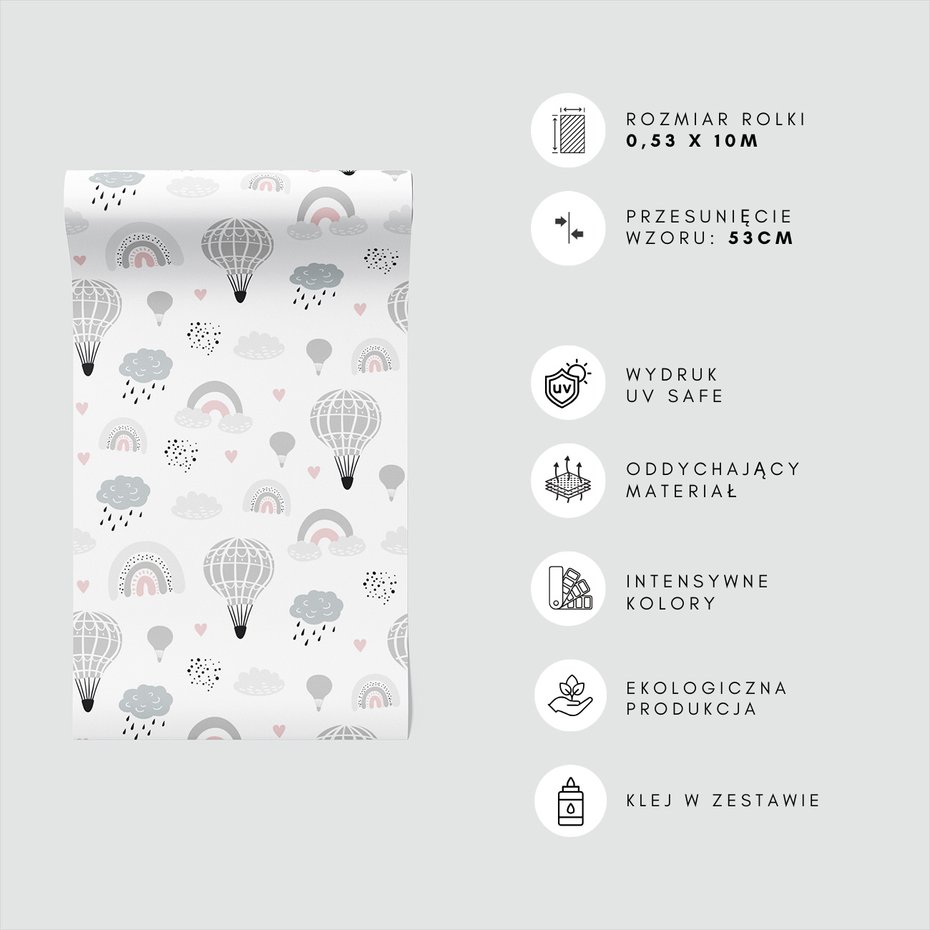 Tapeta - dziecięca, balony, chmury, tęcze