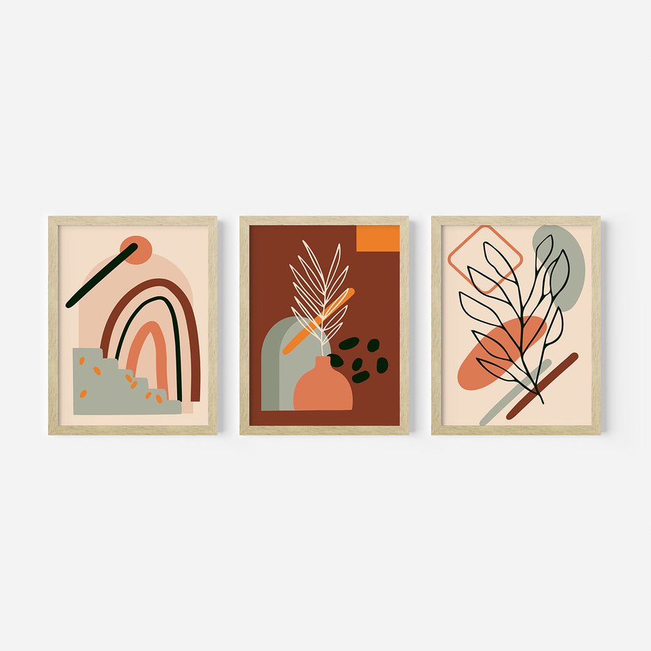 Zestaw obrazy w ramie, plakaty - abstrakcja, liście, rośliny - rama drewno