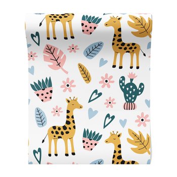 Tapeta - dziecięca, żyrafa, liście, kwiaty
