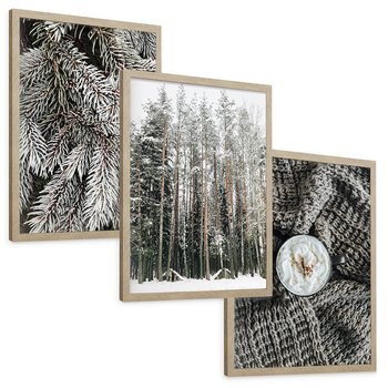 Zestaw obrazy w ramie, plakaty - zima, śnieg, las - rama drewno