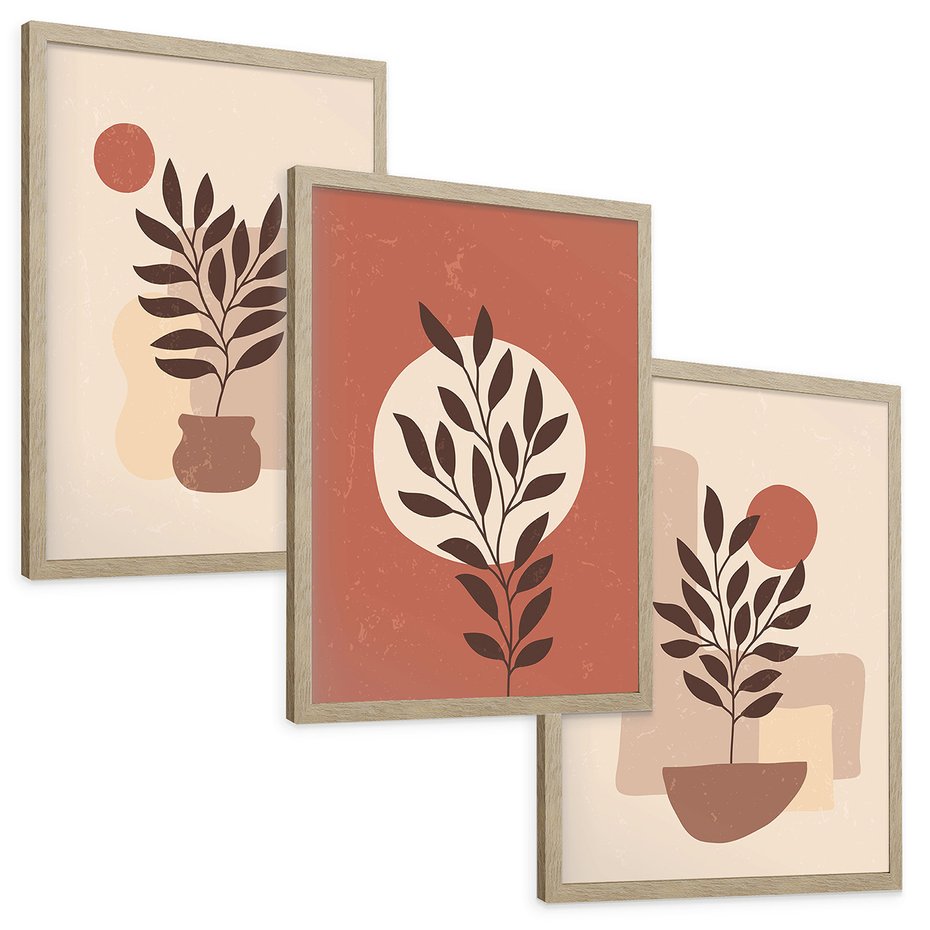 Zestaw obrazy w ramie, plakaty - liście, roślina, abstrakcja - rama drewno