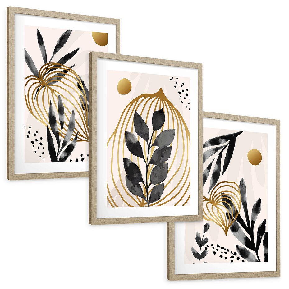 Zestaw obrazy w ramie, plakaty - liście, złoto, abstrakcja - rama drewno
