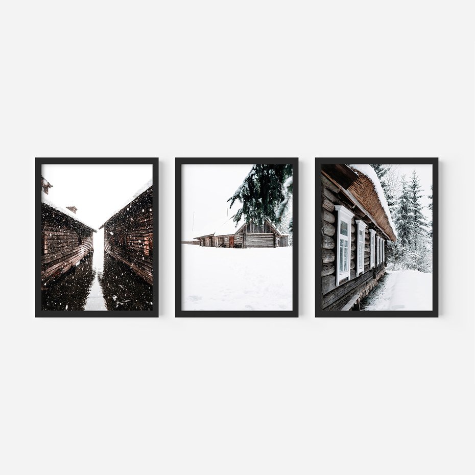 Zestaw obrazy w ramie, plakaty - zima, śnieg, budynki - rama czarna