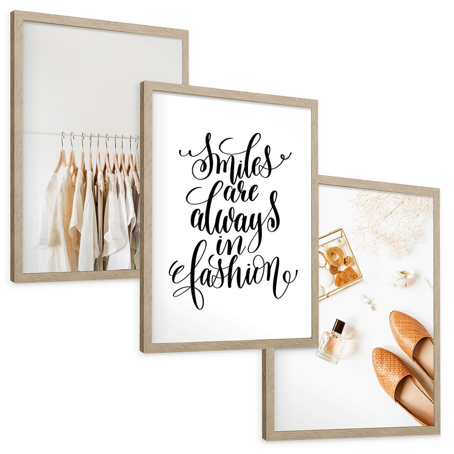 Zestaw obrazy w ramie, plakaty - ubrania, akcesoria, minimalizm - rama drewno