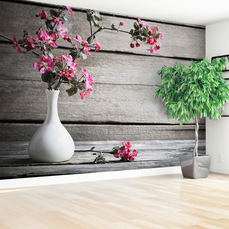 Fototapeta - kwiaty, wazon, drewno