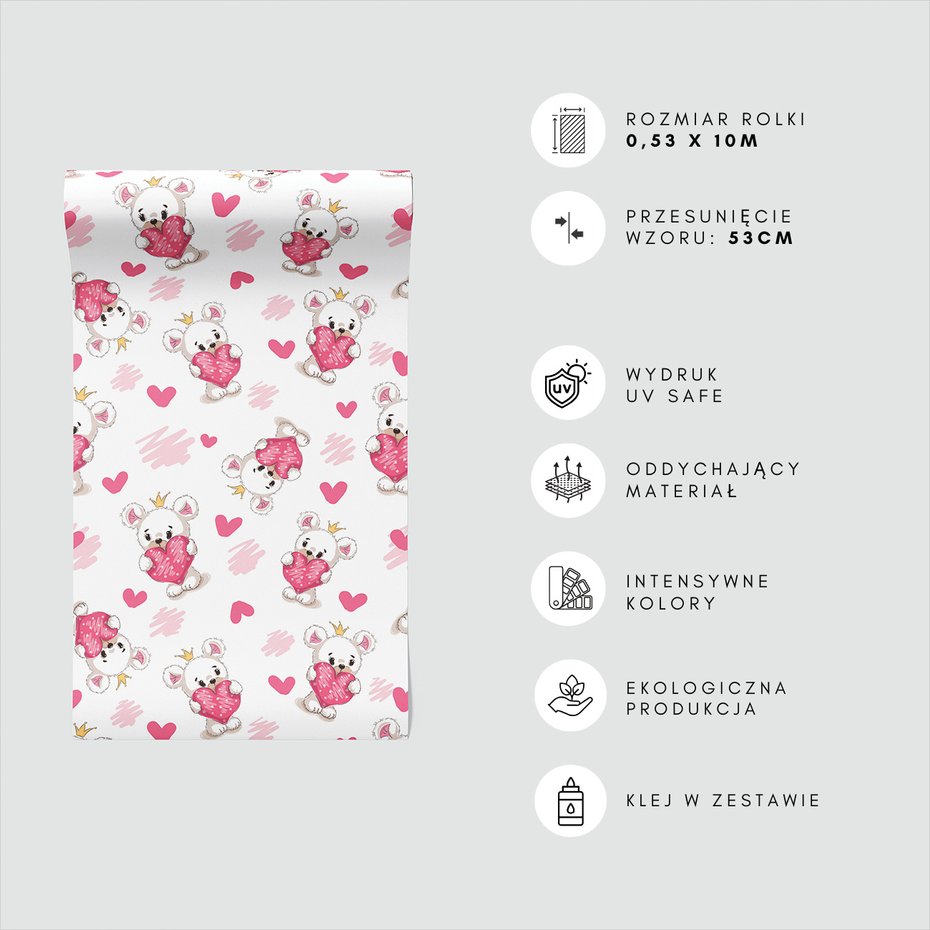 Tapeta - dziecięca, miś, serce, korona