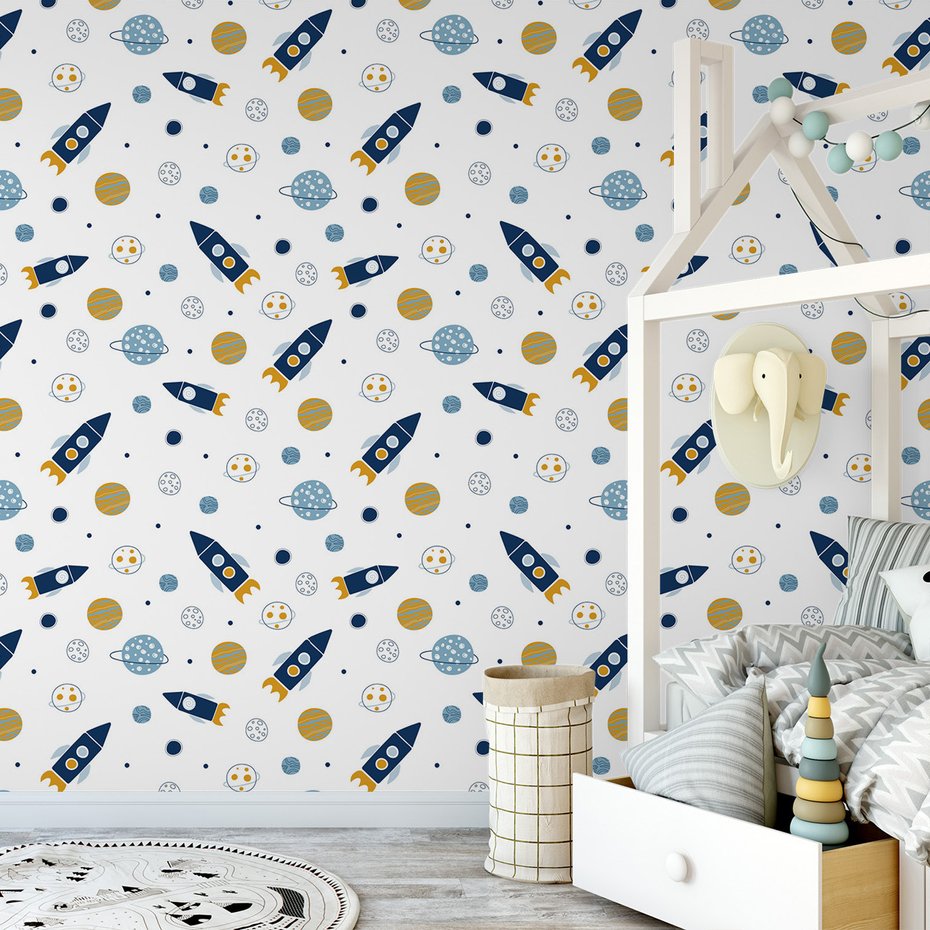 Tapeta - dziecięca, rakieta, kosmos, planeta
