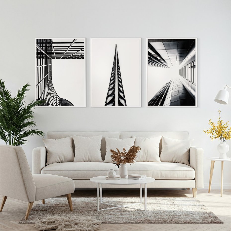 Zestaw obrazy w ramie, plakaty - architektura, budynki, miejski - rama biała