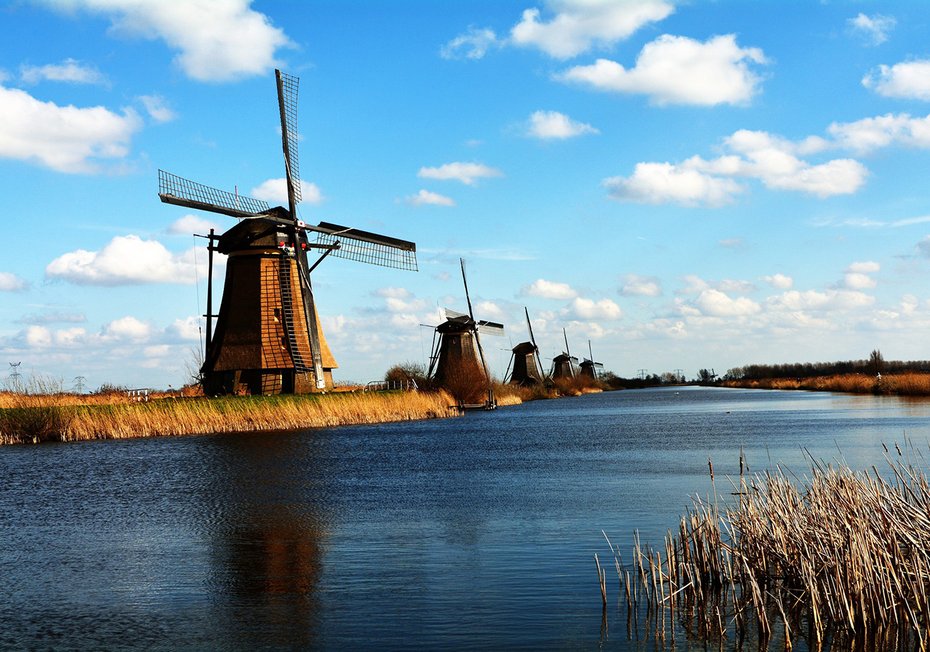 Fototapeta - wiatraki, woda, niebo