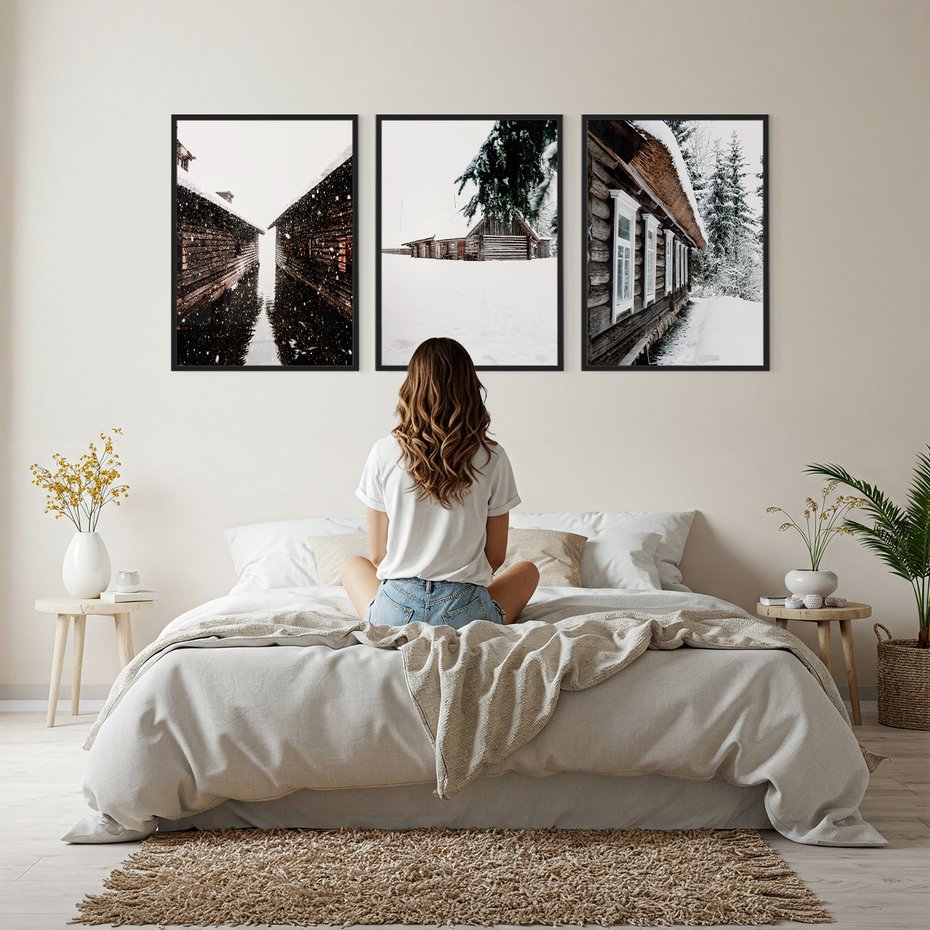 Zestaw obrazy w ramie, plakaty - zima, śnieg, budynki - rama czarna
