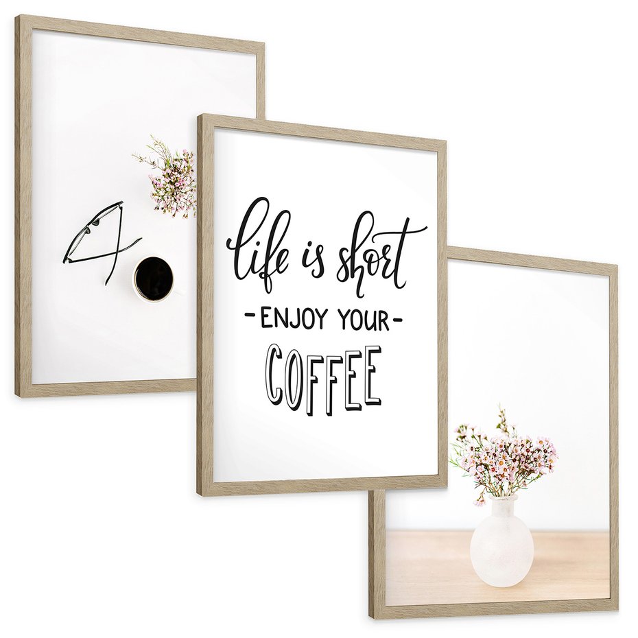 Zestaw obrazy w ramie, plakaty - kwiaty, kawa, okulary - rama drewno