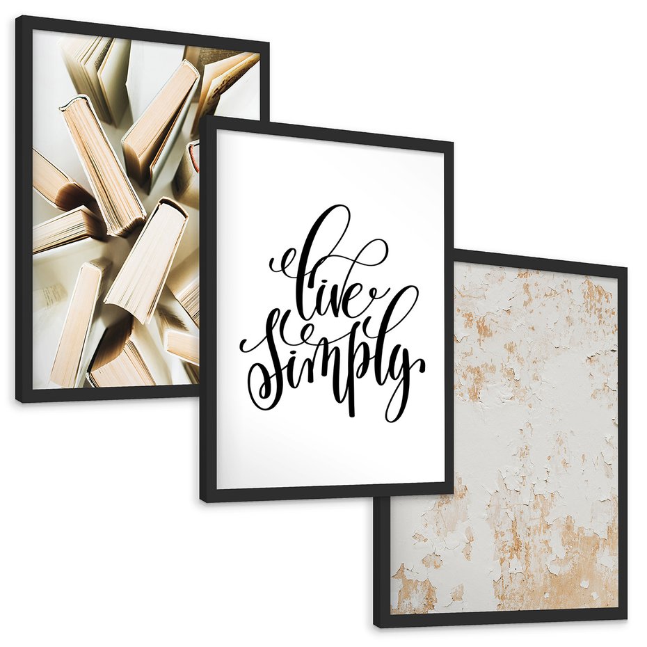 Zestaw obrazy w ramie, plakaty - książki, tekst, ściana - rama czarna