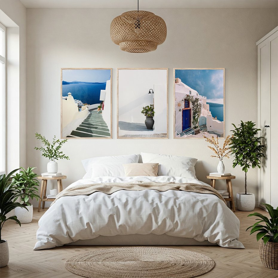 Zestaw obrazy w ramie, plakaty - Santorini, architektura, morze - rama drewno