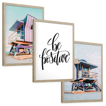 Zestaw obrazy w ramie, plakaty - plaża, budka ratownicza, morze - rama drewno