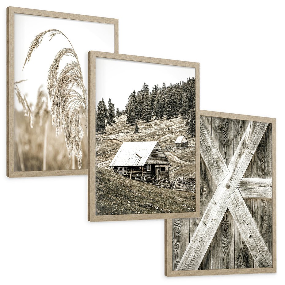 Zestaw obrazy w ramie, plakaty - natura, drewno, wieś - rama drewno