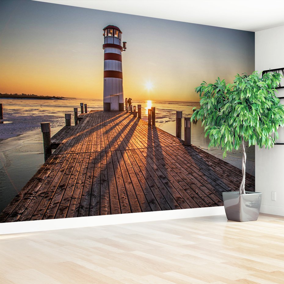 Fototapeta - latarnia morska, molo, zachód słońca