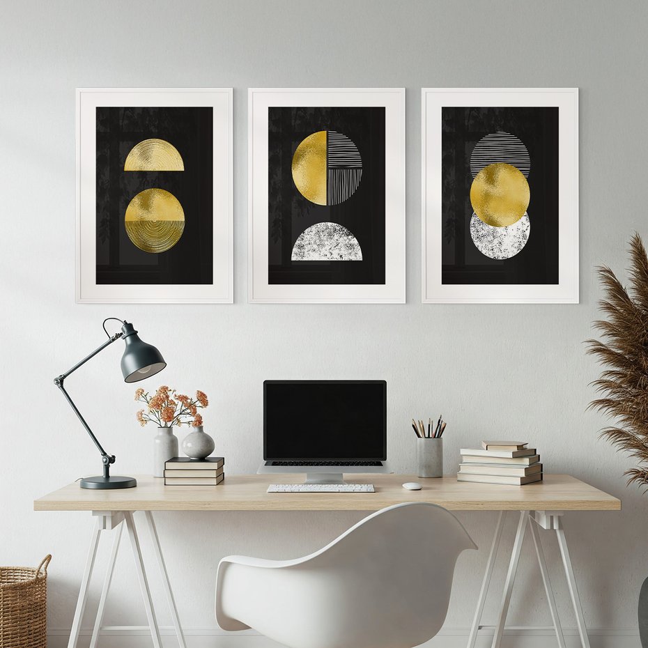 Zestaw obrazy w ramie, plakaty - złoty, abstrakcja, geometryczny - rama biała