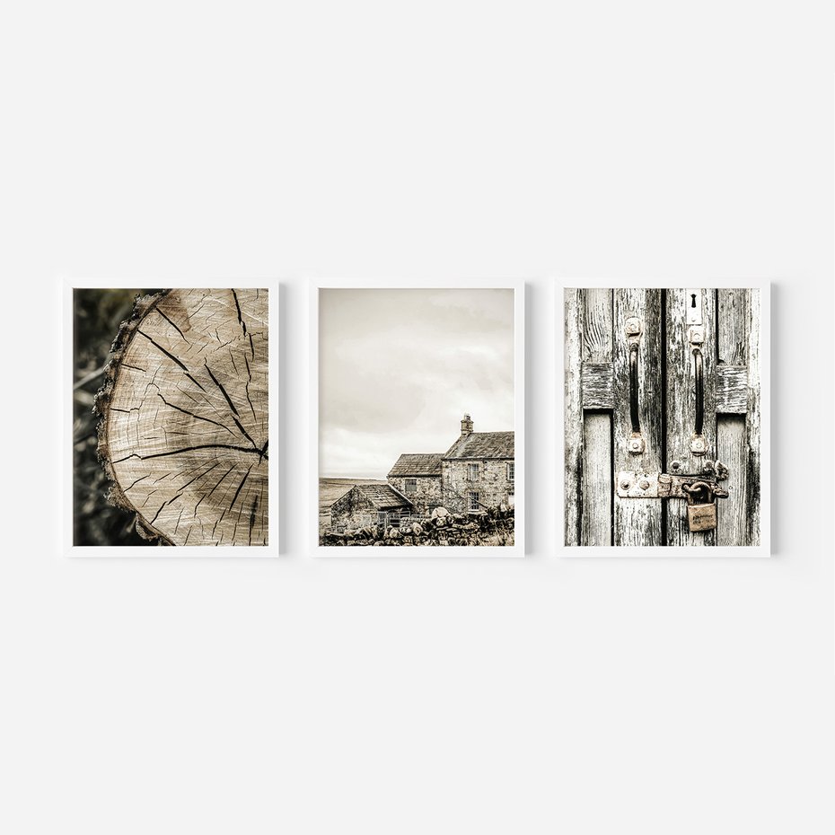 Zestaw obrazy w ramie, plakaty - drewno, tekstura, budynek - rama biała