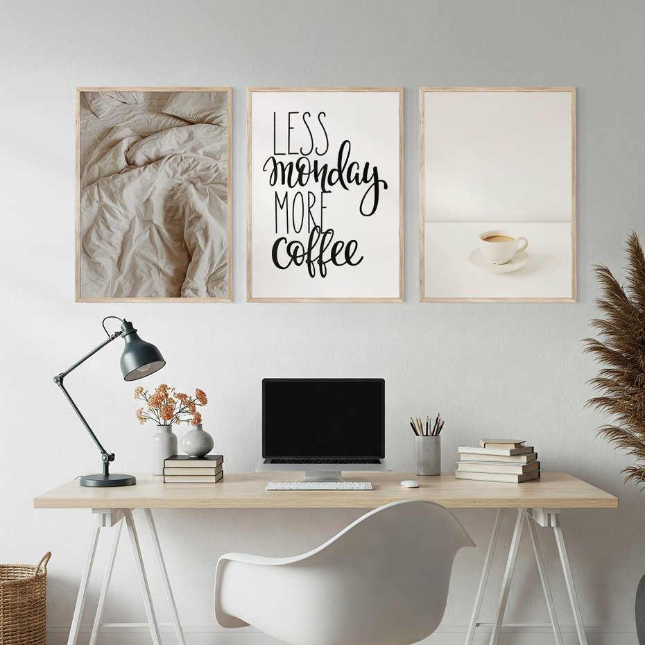 Zestaw obrazy w ramie, plakaty - kawa, łóżko, minimalizm - rama drewno