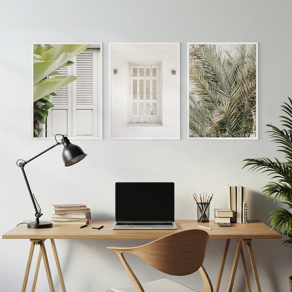 Zestaw obrazy w ramie, plakaty - liście, okno, ściana - rama biała