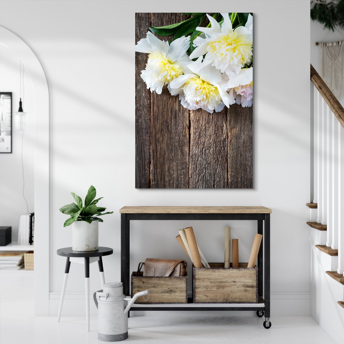 Obraz na płótnie - kwiaty, drewno, biały