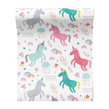 Tapeta - dziecięca, jednorożce, tęcza, chmury