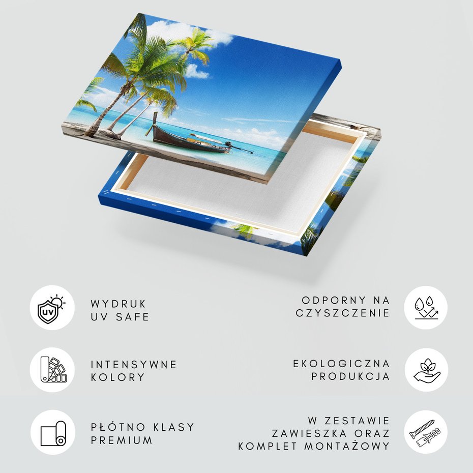 Obraz na płótnie - plaża, palmy, łódź