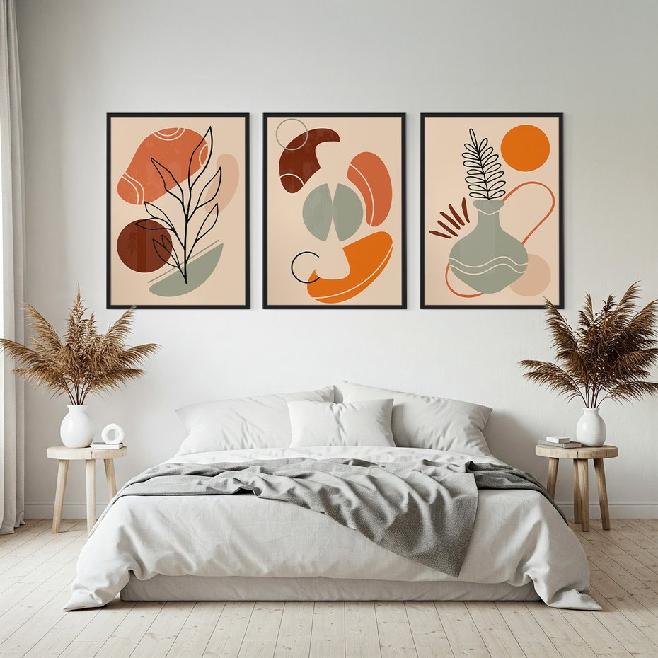 Zestaw obrazy w ramie, plakaty - abstrakcja, liście, rośliny - rama czarna