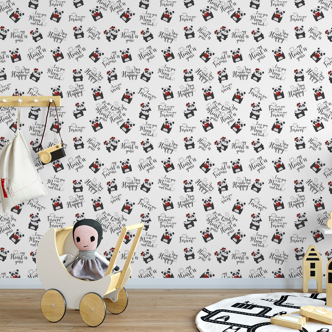 Tapeta - dziecięca, panda, serce, napisy